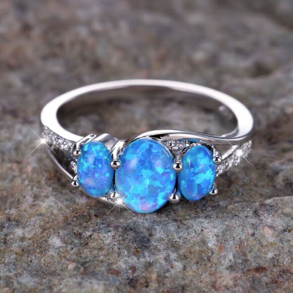NEW 14k White Gold Blue Opal Diamond Ring Oval Cut Ring - Picture 5 of 6